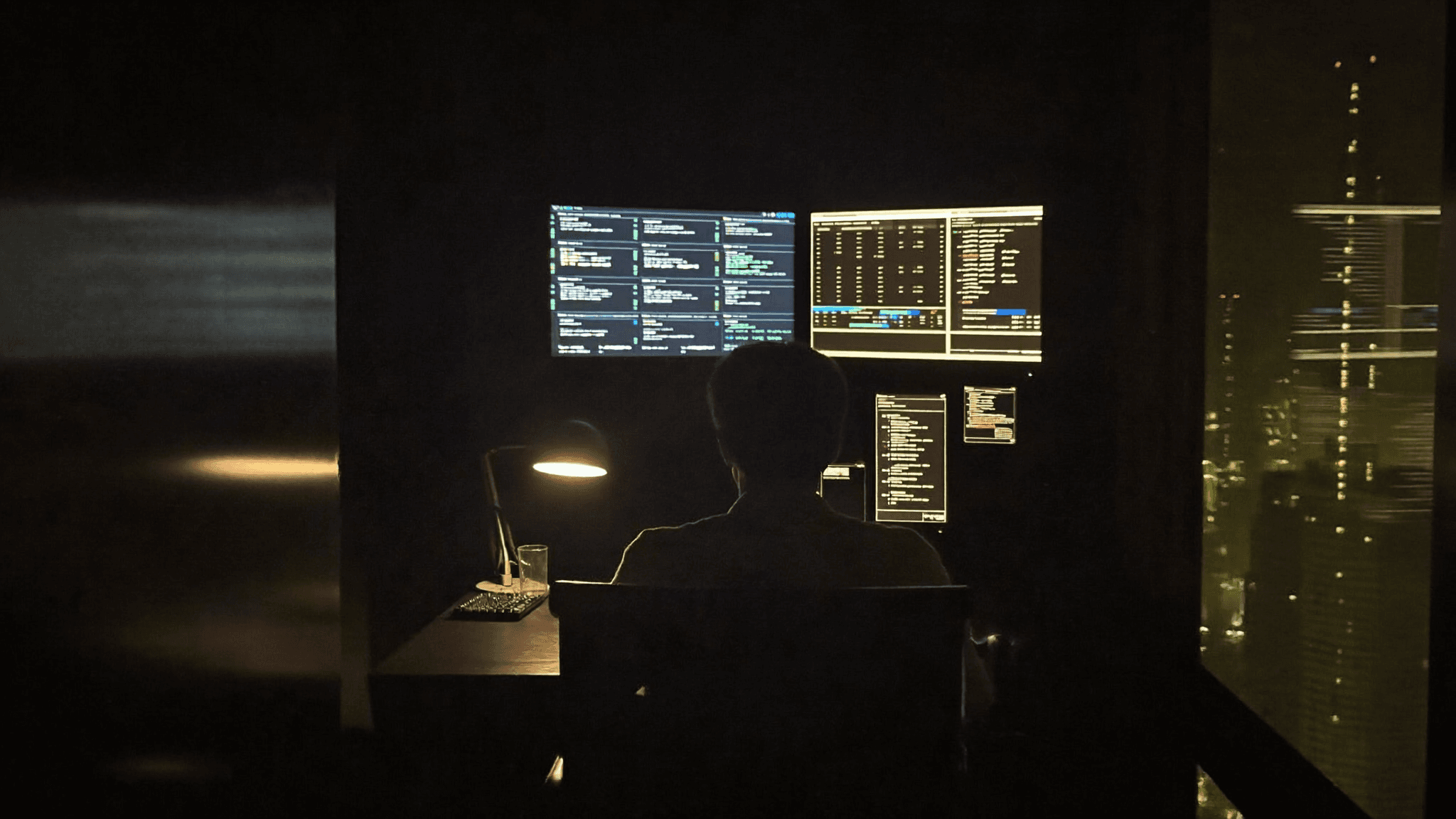 A single operator working at night in front of three dashboards