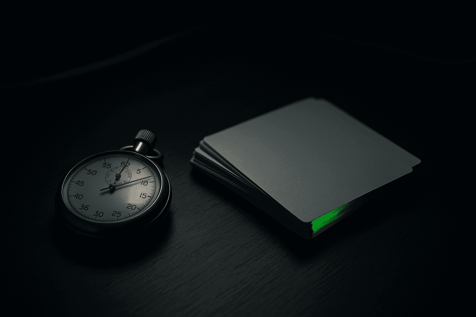 A brass stopwatch and a fanned stack of blank white cards on a dark wooden desk under a single warm lamp