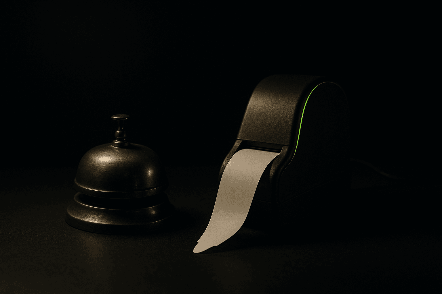 A brass reception bell next to a paper ticket queue dispenser on a dark counter, lit by a single low lamp