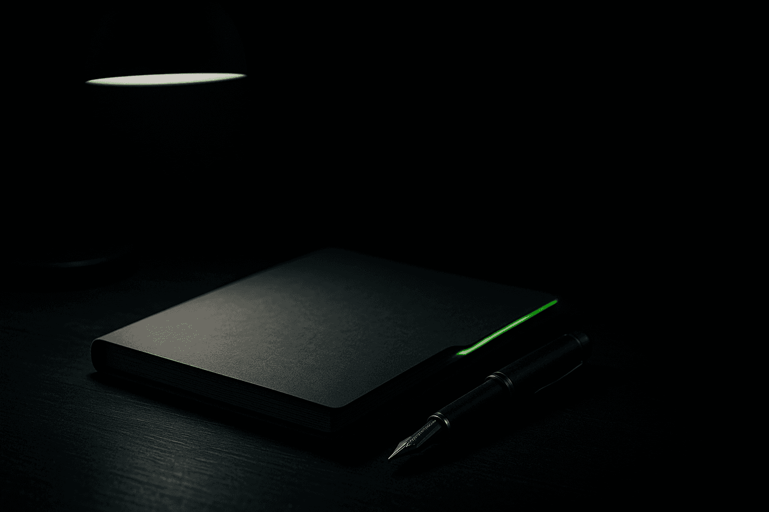 A closed manila folder and a fountain pen on a bare wooden desk, lit by one overhead lamp